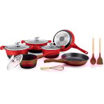 Batterie de cuisson complte effet marbre - 13 pices - tous feux - rouge et noir - livraison gratuite ...