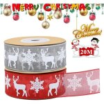 Ruban organza noel, 2 rouleaux ruban satin decoratif rubans cadeau de nol gris rouge avec flocon de ...