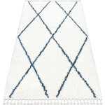 Tapis union 3683 treillis crme et bleu franges berbre marocain shaggy white 120x170 cm