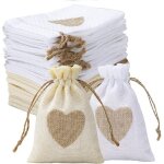 Sacs en toile de jute, lot de 24 sachets en lin chanvre avec cordon et motif de coeur, jute pochette ...