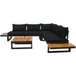 Salome - salon bas de jardin 5 places + table - modulable - bois, m�tal et coussins noirs