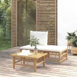 Vidaxl ? salon de jardin 3 pcs en bambou avec coussins blanc cr�me ? canap� central et repose - pied ...