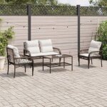 Salon de jardin 4 pcs avec coussins marron r�sine tress�e