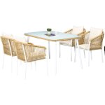 Outsunny - salon de jardin 4 places 5 pices table  manger chaises empilables coussins alu rsine blanc ...