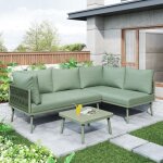Salon de jardin, 4 places - en m�tal, polyrotin - avec 2 canap�s d'angle, table, comprenant coussins, ...