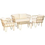 Salon de jardin 4 places 4 pi�ces style colonial r�sine tress�e aspect rotin coussins �crus