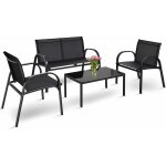 Salon de jardin 4 places 4 pi�ces en textil�ne avec 2 chaises 1 banc et 1 table basse vitr�e cadre en ...