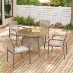 Salon de jardin 4 places en r�sine tress�e, ensemble repas ext�rieur (table ronde en verre et 4 fauteuils), ...