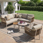 Salon de jardin 5 - 6 places - canap� d?angle + 2 tables basses - rotin pe + cordage - fer galvanis� ...