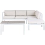 Salon de jardin 5 places canap� avec table en verre blanc et coussins blanc cass� messina