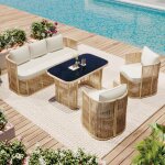 Salon de jardin 5 places - r�sine tress�e, table basse verre tremp� et coussins inclus - ensemble salon ...