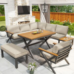 Salon de jardin 6 - 7 places - canap� d'angle - en fer galvanis� - tables manger en bois - plastique ...