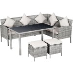 Salon de jardin 6 pers. grand confort canap d'angle + 2 poufs + table  manger 9 coussins assise & dossier ...