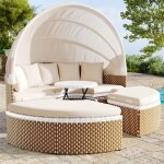 Salon de jardin, 6 places, �lot de soleil - en polyrotin - avec auvent extensible, canap� 2 places, 2 ...