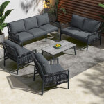 Salon de jardin 7 places, meuble d'ext�rieur 2 canap�s + 2 fauteuils + table basse(verre tremp�) - rotin ...