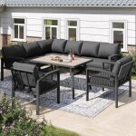 Salon de jardin 8 places ? r�sine tress�e, grande table avec aspect bois, structure en fer laqu�, pieds ...