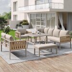 Salon de jardin 8 places ? structure en fer laqu�, pieds r�glables ? table en verre tremp�, coussins ...