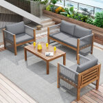 Salon de jardin en acier 4 places - canap�?2 fauteuils et table basse - en corde tress�e et bois d'acacia ...