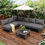 Salon de jardin en aluminium, meubles de jardin pour 5 - 6 personnes, canap�s + table + coussins - gris ...
