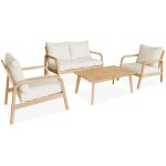 Salon de jardin en bois d'acacia 4 places beige carnota. coussins d�houssables. 2 fauteuils. 1 canap� ...