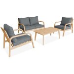 Salon de jardin en bois d'acacia 4 places gris carnota. coussins d�houssables. 2 fauteuils. 1 canap� ...