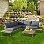 M&s - salon de jardin en bois et alu 5 places + table basse carre