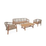 Salon de jardin en bois et cordes. acacia. coussins beige. 5 places