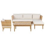 Salon de jardin canap d'angle fauteuil et table basse en bois d'acacia clair avec coussins blancs idal ...