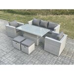 Salon de jardin exterieur table  manger rglable en hauteur ave canap 2 fauteuil 2 petit tabourets ...