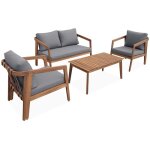 Salon de jardin gris 4 places loberia. bois d'acacia dossier avec lani�res effet cuir
