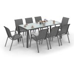 Salon de jardin madrid table 190 cm et 8 chaises empilables gris anthracite plateau transparent Salon de jardin madrid table 190 cm et 8 chaises empilables gris anthracite plateau transparent