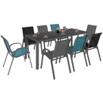 Salon de jardin madrid table 190 cm et 8 chaises empilables mix color bleu, gris et noir