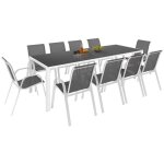 Salon de jardin madrid table 240 cm et 10 chaises empilables blanc et gris