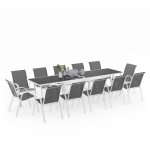 Salon de jardin madrid table extensible 135 - 270 cm et 12 chaises empilables blanc et gris