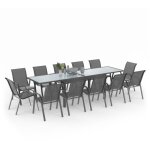 Salon de jardin madrid table extensible 135 - 270 cm et 12 chaises empilables gris anthracite