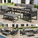 Salon de jardin modulable 6 - 7 places, canap� angle avec table � manger corde tress�e aspect bois coussin ...
