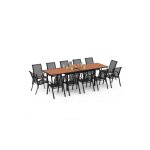 Salon de jardin noumea table extensible 135 / 270 cm plateau effet bois et 12 chaises empilables noir ...