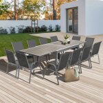 Salon de jardin poly extensible table 135 - 270 cm et 12 chaises gris fonc�