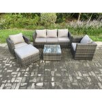 Salon de jardin en rotin avec 2 fauteuils table basse carr�e grand tabouret m�lange gris fonc� - fimous ...