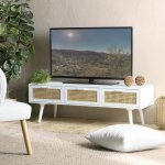 Sandro - meuble tv blanc 3 tiroirs cannage naturel et bois blanc