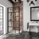 Paroi de douche à l'italienne avec retour pivotant, profilé noir, paroi fixe walk in style industriel, ... Paroi de douche à l'italienne avec retour pivotant, profilé noir, paroi fixe walk in style industriel, ...