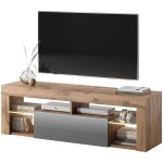 Selsey - bianko - meuble tv / banc tv (140 cm, ch�ne lancaster / gris brillant, �clairage led)