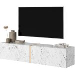 Selsey - bisira meuble tv blanc imitation marbre egger avec insert dor�, 140 cm