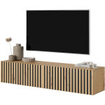 Selsey - telire - meuble tv 140 cm en chne artisan avec faade fraise et inserts noirs