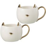 Set de 2 mugs chats en porcelaine blanche et or