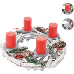 Couronne de l'avent ronde, d�coration de no�l, bois, � 40cm, blanc / gris - avec des bougies, rouge
