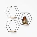 Vivol - set de 3 �tag�res murales hexagonales en m�tal avec tablette en bois - noir