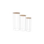 Set de 3 sellettes rondes en m�tal blanc et plateaux bois 31x31x81cm