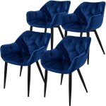 Set de 4 chaises de salle � manger, bleu fonc�, assise rembourr�e en velours, pieds m�talliques noir, ...