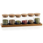 Set de 6 pots � �pices en verre et plateau en bambou